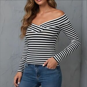 Striped Print Off Shoulder Tee